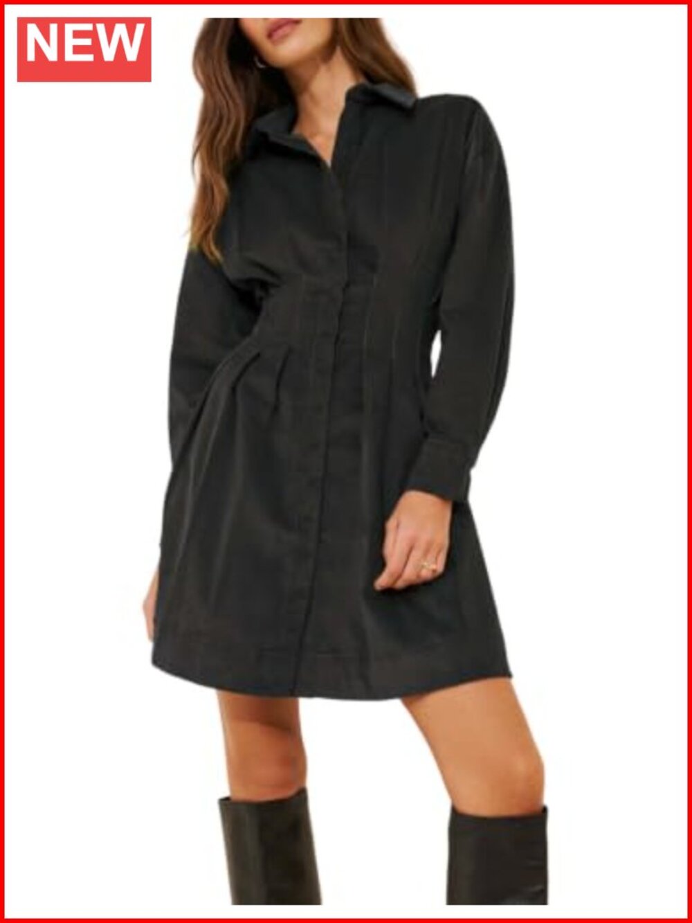 Faux Suede Pleated Button Down Shirt Dress Long Sleeve Collared Casual Mini
